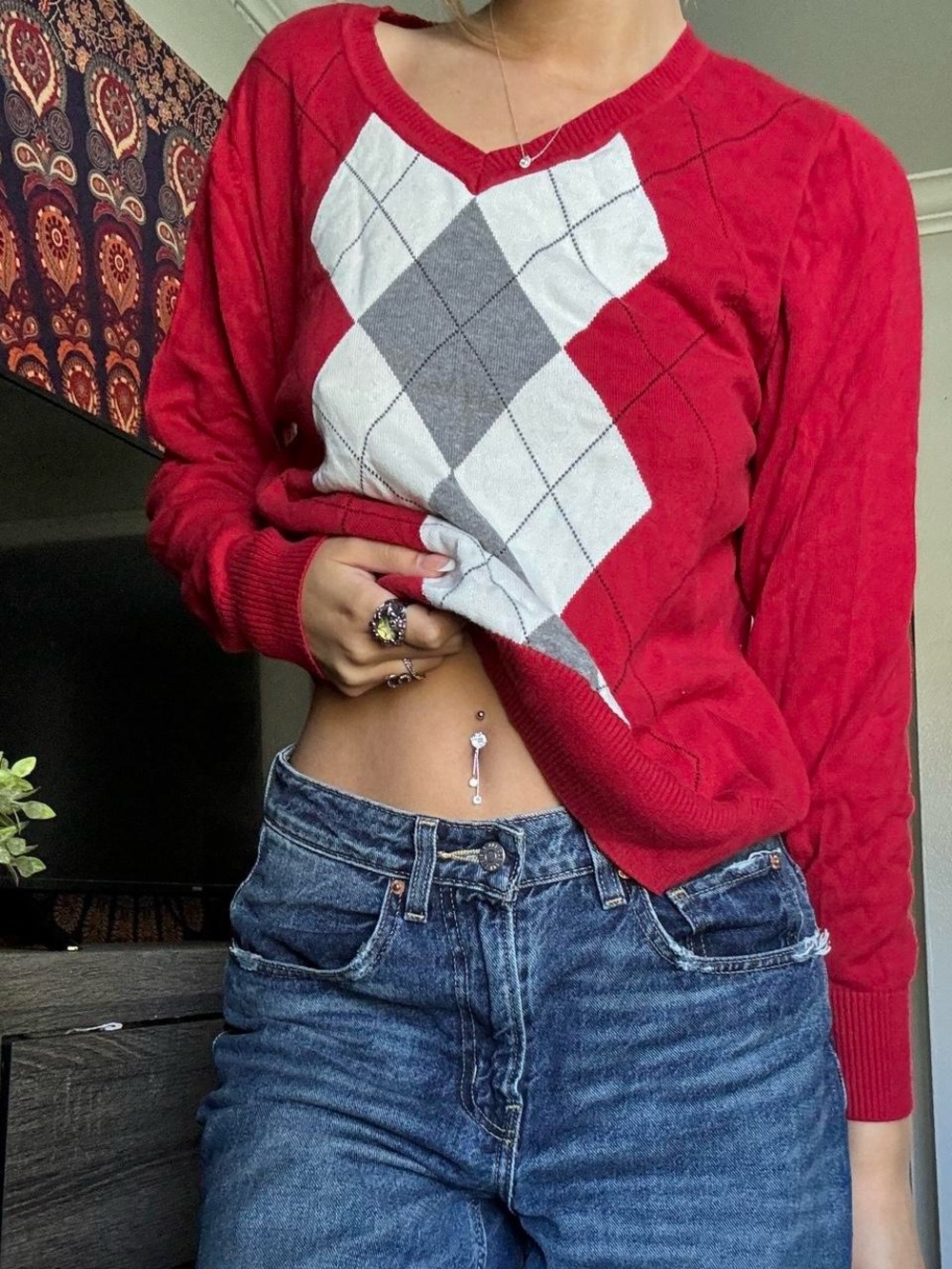H&M Red Argyle V-Neck Sweater with Gray and White Panel